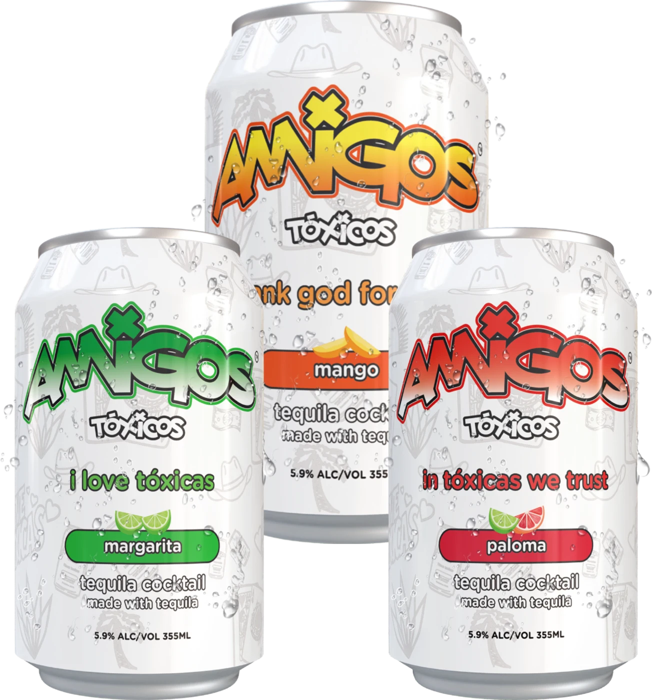 The three Amigos Tóxicos cans: margarita, mango and paloma